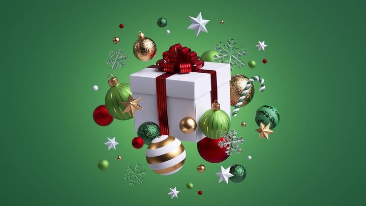 Gift box, baubles, candy canes, stars, and snowflakes fly in from all sides and assemble into a festive center composition on green. Loop‑ready holiday opener. 3d render animation.