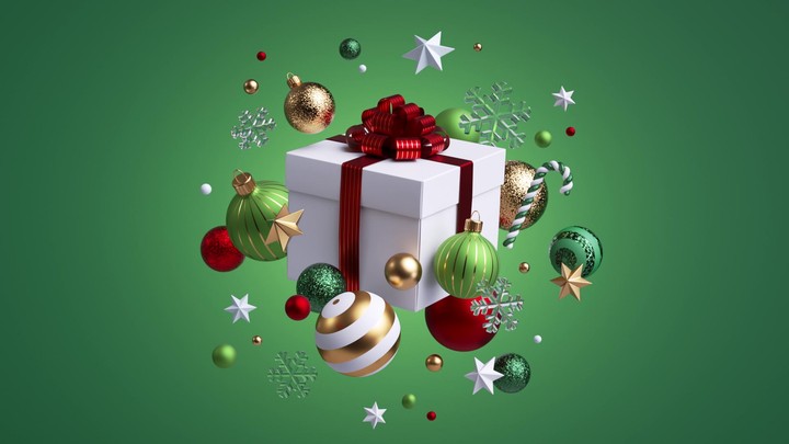 Red‑ribbon gift explodes with ornaments and sweets that converge into a neat centerpiece on emerald background. Dynamic Christmas or New Year motion. 3d render animation.