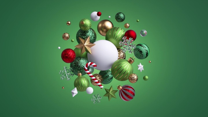 Spheres, bells, and striped candies orbit inward and lock into a circular wreath layout. Sparkling confetti finishes the celebratory build. 3d render animation.
