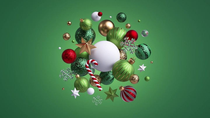 Mixed ornaments rush from edges and snap into a balanced cluster around a white sphere, creating a polished holiday badge on green. 3d render animation.