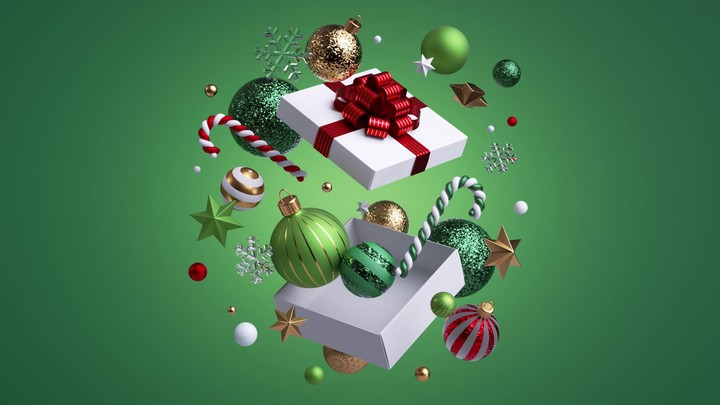 Stacked gift platforms eject decorations that swirl and settle into a joyful centerpiece. Perfect opener for seasonal promos and greetings. 3d render animation.