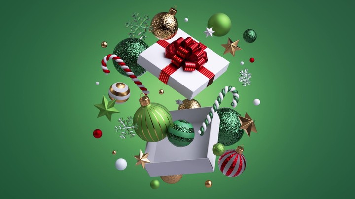 Two tiered presents launch baubles, stars, and sweets that fly in and click together, forming a festive composition with sparkle. 3d render animation.
