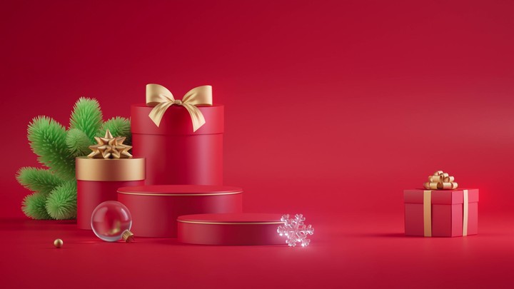 Animation of Christmas gifts and ornaments assembling on red, red and gold boxes, fir branches, baubles and a glass snowflake elegantly form a modern festive composition.