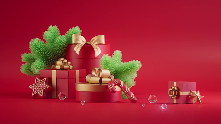 Christmas scene with lush fir, ribbon bows, presents and cookies gracefully fly in, building a cozy and luxurious holiday tableau on a radiant red backdrop.