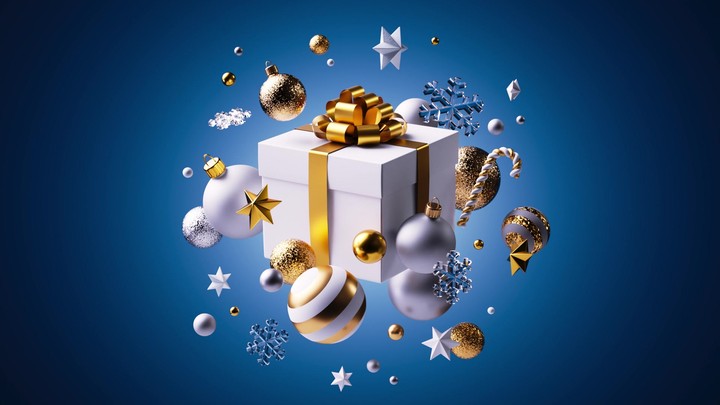 Gold and silver Christmas baubles, stars, candies, and present rapidly converge, building a glamorous festive wreath with a modern twist.