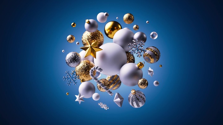Round ornaments, snowflakes, and golden details elegantly fly in to form a luxurious winter decoration against a vibrant blue backdrop. 3D render animation.