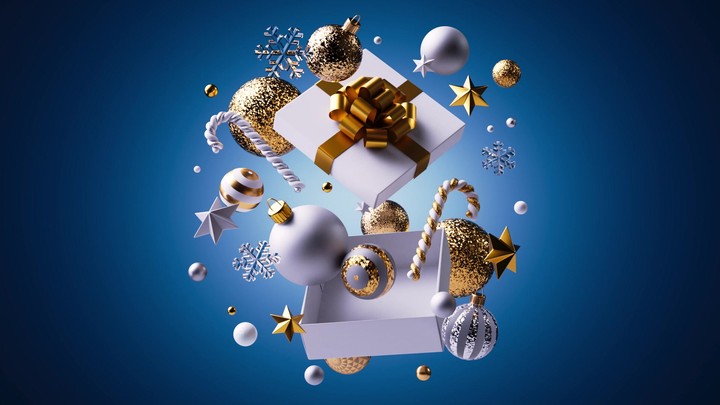 Gifts, baubles, candies, and snowy ornaments fly from every angle, assembling a lively Christmas explosion of shapes and colors. 3D render animation.