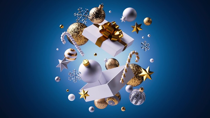 Sleek holiday scene: white and gold balls, candy canes, and stars arrive from all sides to assemble a chic contemporary Christmas visual. 3D render animation.